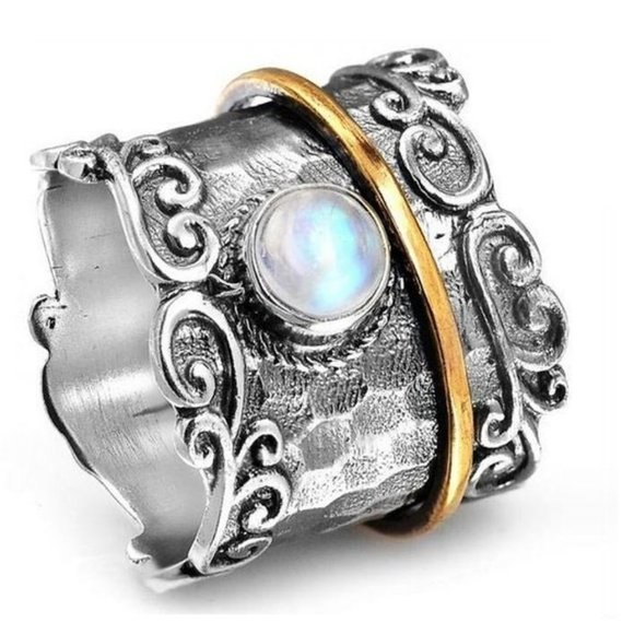 Retro Temperament Wide Face Two Tone Rainbow Moonstone Ring - Picture 2 of 6